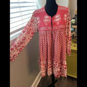 Staring At Stars Red‎ & White Print Women's Dress, Size L. Long sleeve. Cotton.